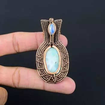 Ларимар и лунный камень драгоценный камень ручной работы из чистой медной проволоки подвеска для женщин 2.56 Inches синий