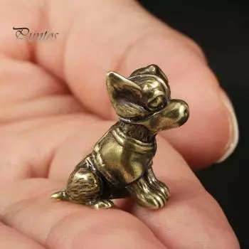 Латунная статуэтка собаки, винтажная модель щенка, мини-статуэтка животного из металла, скульптура, чайный питомец, настольное украшение в стиле фэн-шуй, орнамент Dog