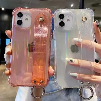 Лазерный чехол для телефона с ремешком на запястье для Iphone 11 12 Pro Max Xr Xs Max X 7 8 Plus 12 Mini 11 Pro 12, блестящая прозрачная мягкая задняя крышка For iPhone SE 2020