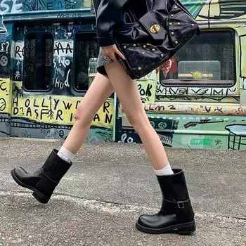 Leather Belt Buckle Straight Boots Small Thick-soled Retro Martin Boots Western Boots Short Boots Female Knight Boots 35