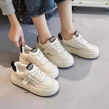 Leather board shoes women ins tide explosion 2025 autumn new thick-soled black and white panda little white shoes versatile bread shoes 35 бежевый