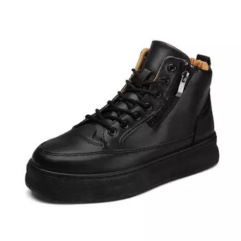 Leather Boots Man Autumn Biker Boot Explosive Style British Simple Platform Lace-up Zipper Water Proof Hard-wearing Men s Shoes 39 чёрный