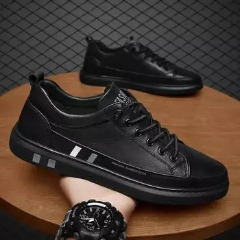 Leather Casual Shoes for Men Elastic Band Slip-on Men s Board Shoes Non-slip Wear-resistant Male Flats 2024 Men Driving Shoes 39 чёрный