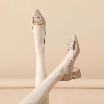 Leather grandma shoes women s thick heels New spring and autumn new pointed shoes soft leather single shoes medium heel high heels 34 чёрный