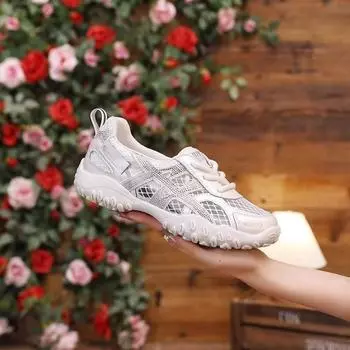 Leather heightened 4cm thick-soled women s summer new thin and breathable single-net casual soft-soled sports shoes 35