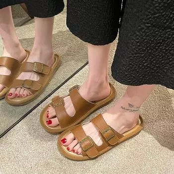 Leather Indoor Flat Open Toe Slides Shoes for Women 2024 Rubber Summer House Woman Slippers Home Bedroom Sandals Original Shoe 35