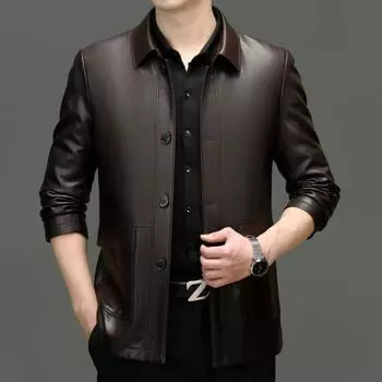 Leather jacket men s genuine leather autumn sheepskin middle-aged and elderly plus velvet leather jacket dad wear button lapel jacket 170