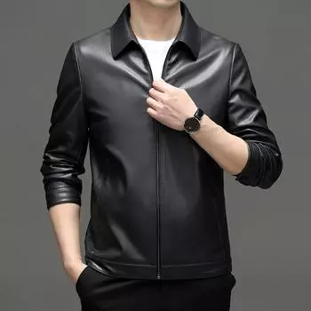 Leather jacket men s genuine leather jacket lapel spring and autumn velvet thickened middle-aged and elderly dad s sheepskin jacket 170