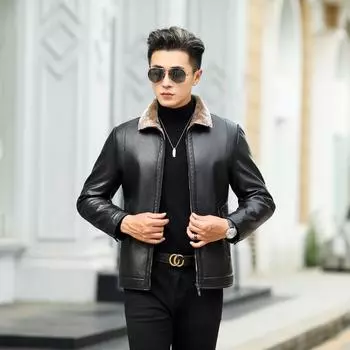 Leather jacket men s middle-aged lapel fur one-piece men s velvet thickened PU washed leather jacket men s jacket M