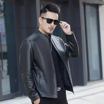 Leather jacket men s spring and autumn stand-up collar genuine leather jacket men s cowhide casual thin top layer cowhide leather jacket for men L