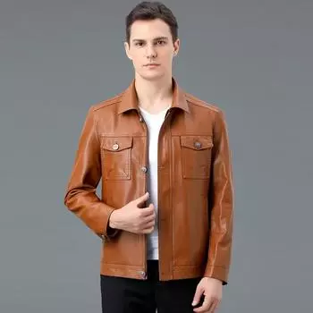 Leather jacket men s velvet thickened lapel autumn and winter middle-aged dad leather jacket casual coat soft leather top 170