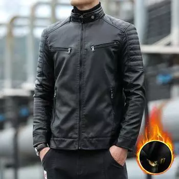 Leather Jacket Men s Velvet Winter New Korean Version Stand-up Collar Slim Leather Jacket Casual PU Locomotive Leather Jacket L
