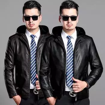 Leather jacket middle-aged men s sheepskin jacket lapel thin short loose daddy hooded jacket M