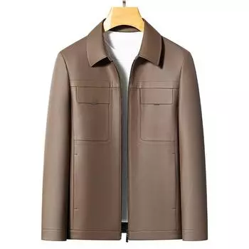 Leather jacket middle-aged men s short genuine leather lapel leather jacket new high-end velvet thickened jacket for men M