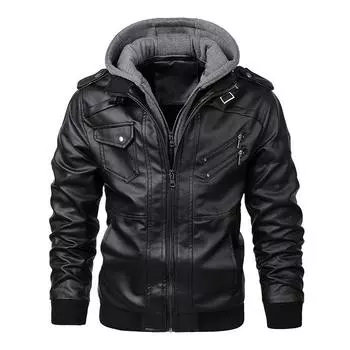 Кожаная куртка Slim Fit Кожаная куртка Куртка на молнии Кожаная куртка мужская PU черная мужская с капюшоном S