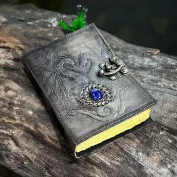 Leather Journal | 200 Thick Vintage Pages | Brass C Clasp | Double Dragon notebook | Real Stones | Personal Grimoire. Book Of Shadows 7 x 5 in