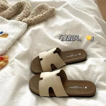 Leather lazy one-word cool slippers women s summer breathable non-slip beach slippers 35
