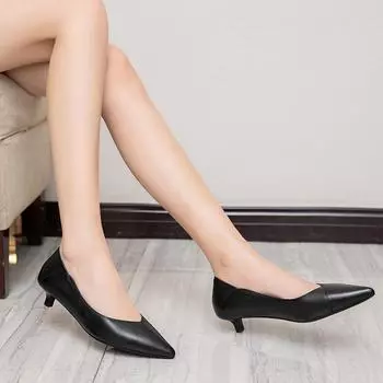 Leather light mouth low heel thick heel soft leather interview single shoes middle heel two wear leather shoes flight attendant shoes work black women 34