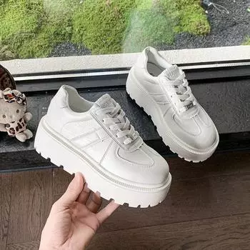 Leather little white shoes women s spring new heightening muffin comfortable versatile fashion lace-up casual thick baseplate shoes 35