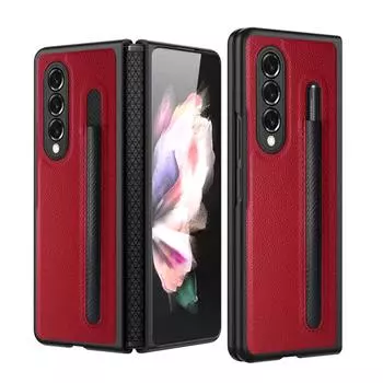 Leather Lychee Pattern With Pen Holde Cover For Samsung Galaxy Z Fold 3 5G Case TPU+PC Shockproof Phone Case Coque Funda No Pen For Z Fold 3