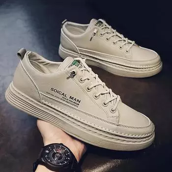Leather Men Casual Shoes Walking Platform Shoes for Men Non-slip Sneakers Male Vulcanized Shoes Tenis Masculino Zapatos Hombre 39 бежевый