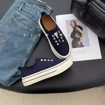 Leather one-pedal heightening platform casual canvas shoes women s spring and autumn new retro lace-free sports shoes 35 темно-синий