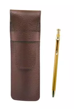 Leather Pen Case with Slim 60 Gold Ballpoint Pen Set 2-Pack Chocolate-Colored (SASTYO-SV60KBP-2)