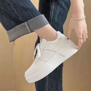 Leather platform white shoes women s versatile light height increase white lace-up round head summer new casual board shoes 35