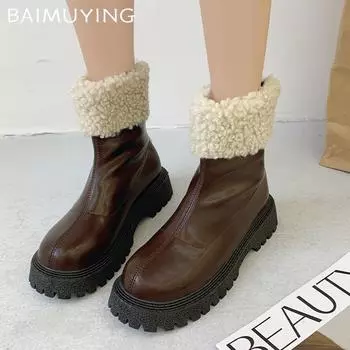 Leather Platform Women Ankle Boots Fur Mid Heels Shoes Chunky Winter Motorcycle Boots 2024 Trend Designer Goth Botas De Mujer 35