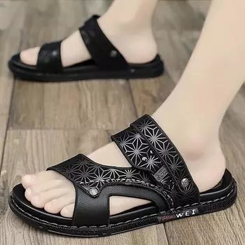 Leather Sandals New Summer Men s Open-toed Fashion Trend Beach Shoes Slippers Summer Flat Beach Sandals Male Black Leather Shoes 38 серый