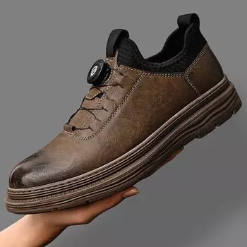 Leather shoes men s 2025 autumn new leather fashion versatile casual shoes men s one-pedal spinning button simple thick Shoes 38 хаки