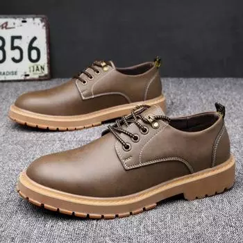 Leather Shoes Men s Trendy Casual Workwear Shoes British Youth Retro Men s Shoes 37 хаки