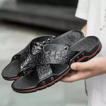 Leather Simple Slippers for Men Summer Hotel Beach Summer Shoes High Quality Big Size 38-48 Slip on Light Flats Male Flip Flops 38 чёрный