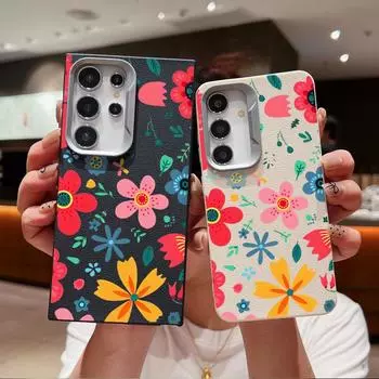 Leather Texture Cartoon Flower Pattern Case for Samsung S24 S22 Ultra Plus S23 S21 S20 Fe A55 A54 A53 A35 A15 A16 Square Tpu Soft Slim Cover Samsung S24 чёрный