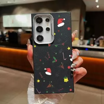 Leather Texture Shell for Samsung S24 S22 Ultra Plus S23 S21 S20 Fe A55 A54 A53 A52 A35 A15 Cartoon Christmas Shockproof Soft Tpu Slim Square Cover Samsung S24 чёрный
