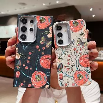 Leather Texture Soft Tpu Phone Case for Samsung S24 Fe S23 Ultra S22 S21 S20 A55 A53 A35 A15 A16 A06 A05s Color Flowerr Pattern Shockproof Slim Cover Samsung S24 чёрный