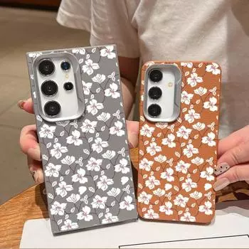 Leather Texture Soft Tpu Phone Case for Samsung S24 Fe S23 Ultra S22 S21 S20 A55 A53 A35 A15 A16 A06 A05s White Flowerr Pattern Shockproof Slim Cover Samsung S24 чёрный