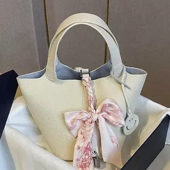 Leather vegetable basket women s bag versatile bucket bag hand carry 2025 new niche high-end sense large capacity elephant gray tide