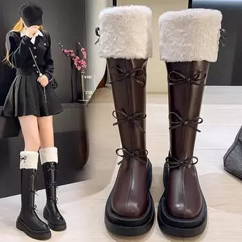 Сапоги до колена из кожи и бархата для женщин, зимняя мода, рыцарские сапоги на платформе с бантом, женская мода, перекрестные сапоги, 2024 35 чёрный
