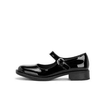 Leather version~ High heels P home square head thick heel one-word buckle Mary Jane shoes shallow single shoes women s small leather shoes 35