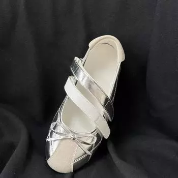Leather version~ Sports ballet shoes women s bow Velcro silver Mary Jane shoes women s single shoes 35
