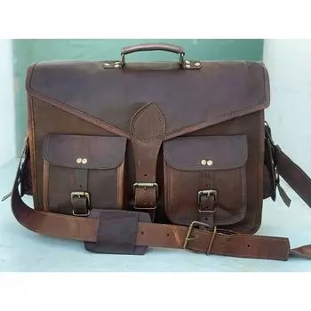Leather Vintage Messenger Shoulder Men Satchel Laptop Briefcase Bag V Flap 15 x 11 x 4 in