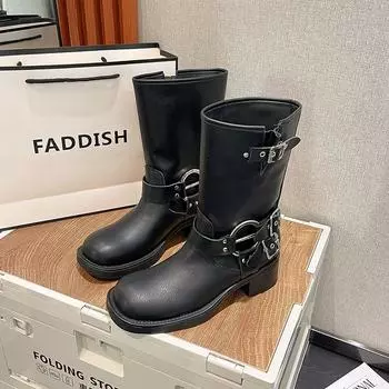 Leather western cowboy boots new retro versatile metal buckle medium tube Martin short boots cool 35