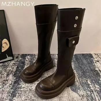 Leather Women Chunky High Boots Knee High Mid Heels Shoes Woman 2025 Trend Fashion Winter Elegant Motorcycle Boots Mujer Botas 35 чёрный