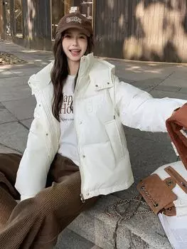 Leave-in PU leather labeling short down cotton clothes women s season new bread clothes small warm jacket M