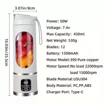 LED display mixer, 450ml USB rechargeable portable milkshake mixer - equipped with a 12 piece juicer - small juice mixer зелёный