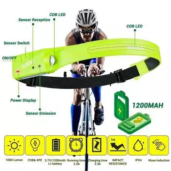 LED Headlamp Rechargeable Sensor Head Light Built-in Battery Head Flashlight Waterproof Outdoor Camping Fishing Running Lantern зелёный
