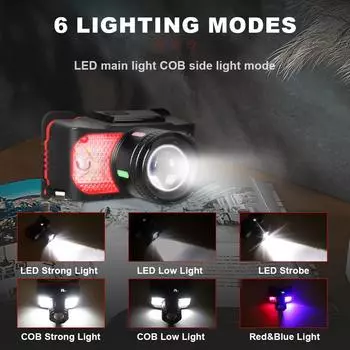 LED Headlamp Strong Light USB Rechageable Portable Fishing Camping Outdoor Head Lamp Work Flashlight with Warning Light