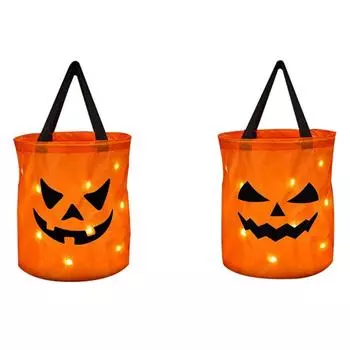 LED Light Halloween Trick or Treat Bucket Pumpkin Candy Bags Collapsible Halloween Ghost Bags for Thanksgiving Party Gift Basket 25x30cm тыква