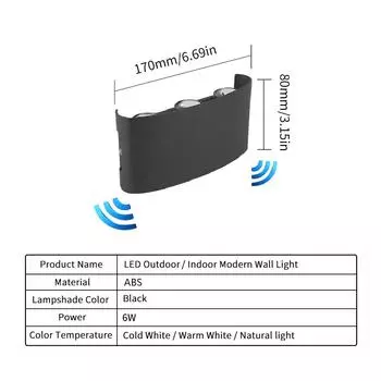 LED Wall Lamp 6W Motion Radar Sensor AC85-265V ABS Material Black Shell Suitable For Indoor Outdoor Exterior Modern Porch Home Natural Light&Radar Sensor
